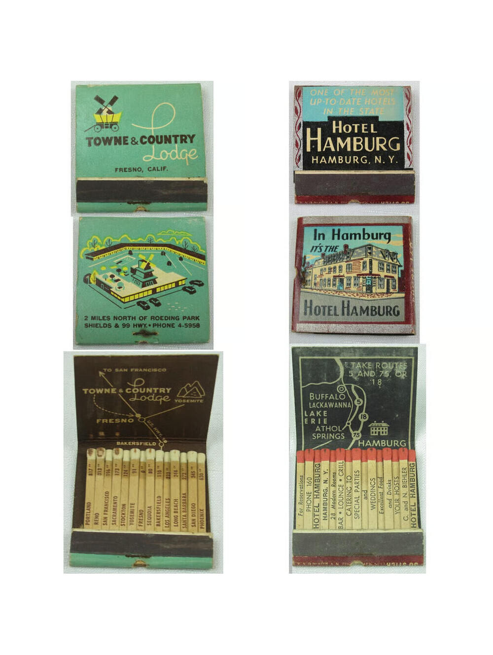 2 Vintage Printed Stick Matchbooks Hotel Hamburg NY Towne Country Lodge Fresno